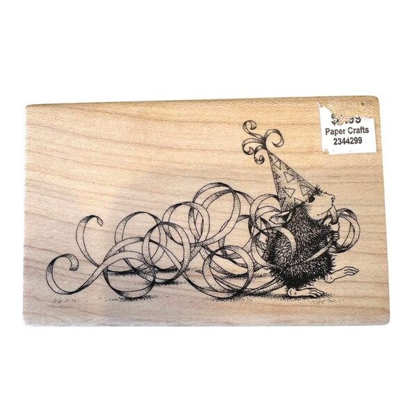 House Mouse Design Rubber Stamp Party Streamers HMW-006 Ellen Jarecke Wood Mount - Picture 1 of 8